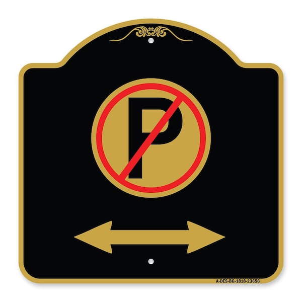 Signmission No Parking W/ Bidirectional Arrow, Black & Gold Aluminum Sign, 18" x 18", BG-1818-23656 A-DES-BG-1818-23656 - main